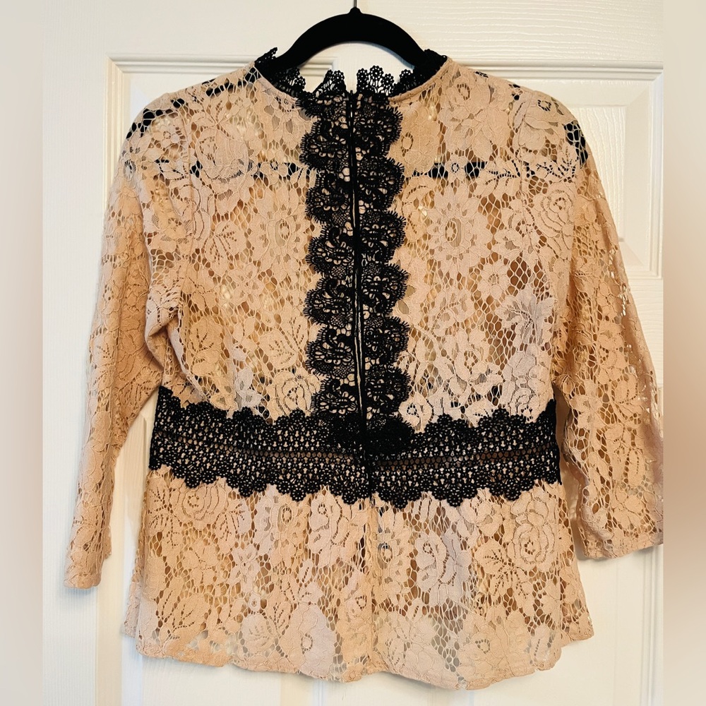 Zara Light Pink and Black Structured Contrast Lace Blouse, Small